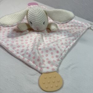 MODERN BABY Bunny Lovey Blanket Knit Teether Polka Dot Pink White Rattle